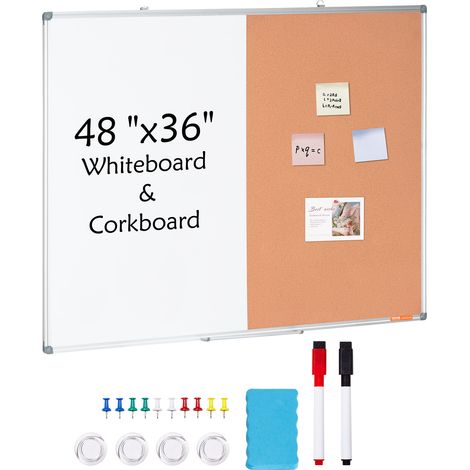 VEVOR Combo de pizarra blanca y tablero de corcho 120 x 90 con marco de aluminio Tablón de anuncios magnetico 2 en 1 de borrado en seco montado en pared Ideal para escuela, hogar, oficina