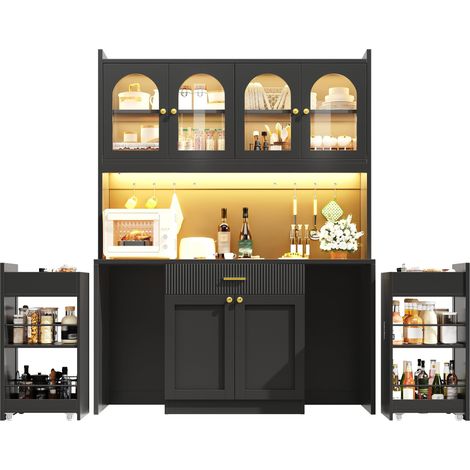 Buffet haut de cuisine Noir,meuble moderne avec LED,avec étagères réglables,plan de travail,120x40x187cm (1/5)