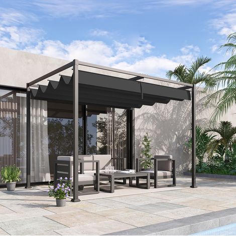 Pergola de jardin en métal noir avec toit coulissant en polyester, 298x213x221 cm, protection UV et pluie légère (1/5)