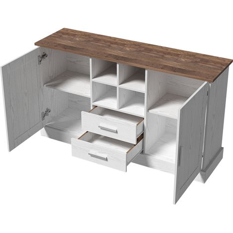 Buffet 140 x 40 x 79,5 cm en panneaux de particules avec portes et tiroirs, bois blanc et brun (1/5)