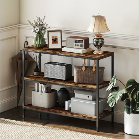 Mesa consola de aglomerado melamínico marrón rústico 101 cm con 3 niveles y estructura de metal negro (1/5)