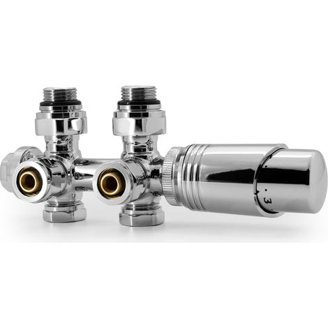 Universelles Multiblock-Set für Heizkörper-Zentralanschluss mit 50-mm-Thermostatventilen für Heizkörper und Heizung, Chrom