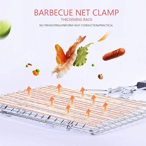 Panier à barbecue portable en acier inoxydable, pliable et muni d'une poignée amovible. Idéal pour les steaks, les crevettes, le poisson rôti et les légumes. Dimensions : 32 × 21,5 cm. (1/4)