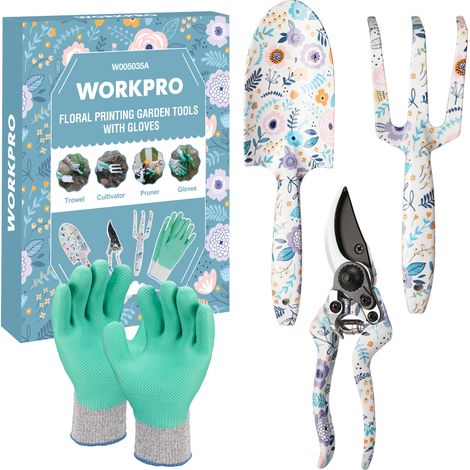 WORKPRO Ensemble d'Outils de Jardinage 4 Pièces, Outils en Acier Inoxydable avec Gants, Sécateur, Truelle de Jardin, Râteau à Main, Idéal pour Taille et Entretien, Cadeaux de Jardinage, Blanc Imprimé (1/5)