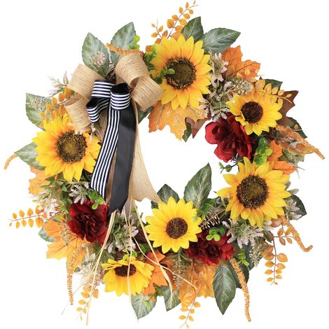 Couronne d'automne pour Thanksgiving, feuilles d'érable et tournesol artificiels, décoration rustique d'automne (1/3)