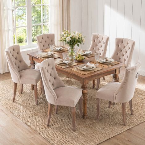 Chaise de salle à manger en velours, dossier haut matelassé, beige, lot de 6 HAVRYA (1/5)