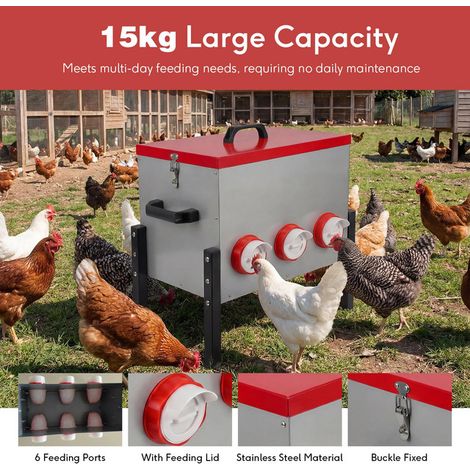 Distributeur de nourriture pour volailles 15kg avec 6 ports d'alimentation étanche et anti-humidité pour poulailler et ferme (1/5)