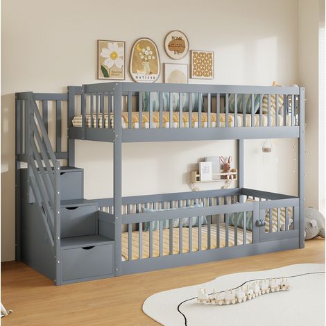 Lit superposé enfant 90x200 cm en bois gris avec escalier à tiroirs, sans matelas - CHICFURN (1/5)