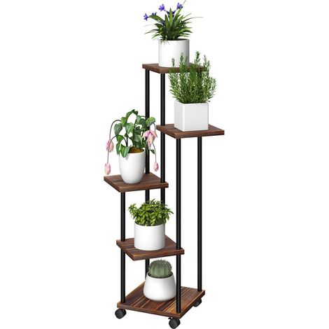 5-Etagen Pflanzenständer mit Räder, Blumenständer für Innen Außen, Pflanzenregal aus Stahl, Holz, mehrstöckig Blumenregal, 110cm hoch Blumentreppe für Wohnzimmer, Garten Balkon Deko, Verkohlt Aosom