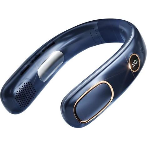 Ventilateur de cou portable mains libres - 5 vitesses - USB - Largeur réglable - Affichage numérique - Autonomie 4-12 h - Pour intérieur et extérieur - Bleu (1/5)
