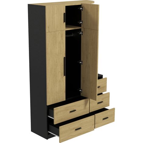 Armario ropero con barra para colgar y cinco cajones, dos puertas, acabado madera natural y negro (1/5)