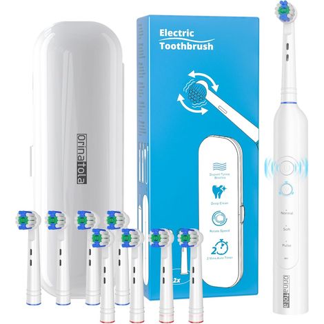 Brosse à dents électrique, rotative, pour adulte, avec 8 têtes de brosse (3 modes), puissance rechargeable et minuterie intelligente de 2 min, blanche (1/5)