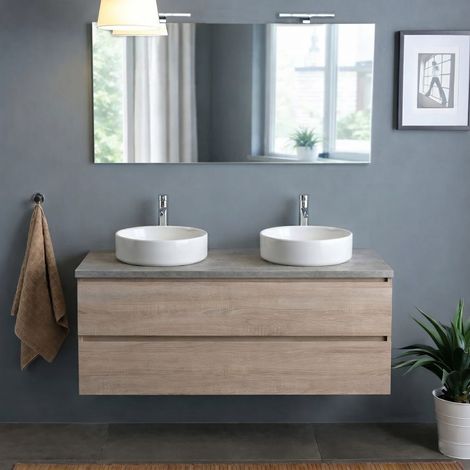 Mobile Bagno Sospeso 120 Cm Rovere Con Top Beton, Specchio 120X60 E 2 Lampade Berlin