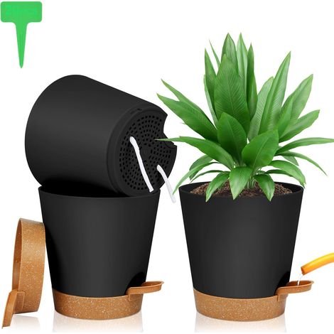 Lot de Pot de Fleur en Plastique, 3pcs Pots de Fleurs Auto-Arrosant, Pots de Plantes avec Trous De Drainage et Soucoupes Amovible pour d'Intérieur et d'Extérieur Jardins de Balcon -Noir 20cm (1/5)