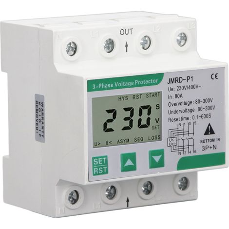 Protecteur de tension triphasé 4 fils autorécupérateur sous/surtension 80A AC230-400V rail DIN (1/5)