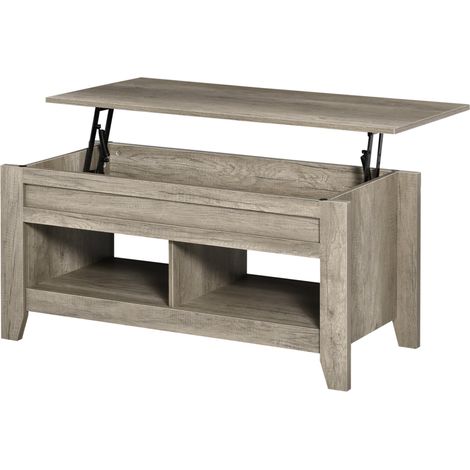 Table basse plateau relevable, table de salon avec étagères et compartiment caché,105 x 50 x 49-62,5 cm pour salon, chambre, aspect chêne clair