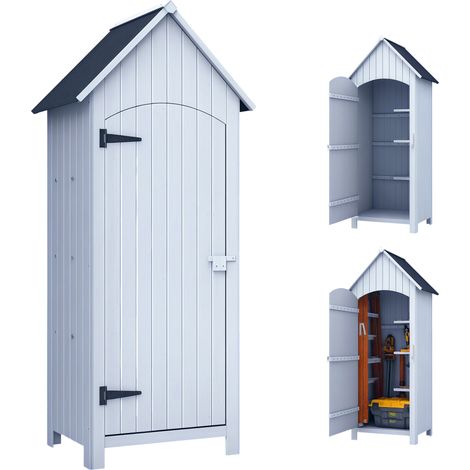 Abri de jardin en bois blanc 77,5x54,2x179,5 cm, armoire extérieure avec toit bitumé, 3 tablettes, porte à loquet pour rangement terrasse