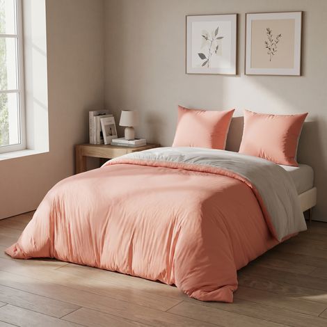 Parure de lit 4 pièces, pour lit double 140x200 cm, housse de couette et drap-housse, design réversible avec fermeture éclair, tissu doux et respirant, style scandinave, Rose