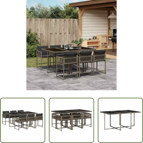 vidaXL Gartenstuhl - 7-tlg. Garten-Essgruppe mit Kissen Grau Poly Rattan (1/5)