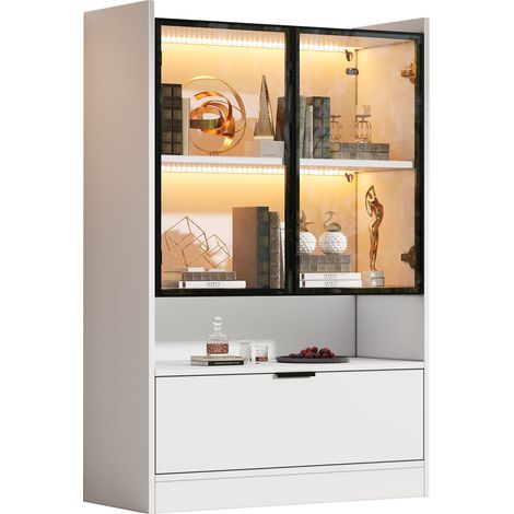 Vitrine LED 120cm - Portes en Verre Trempé & Rangements - Pour Salon, Collection - Blanc Mat (1/5)