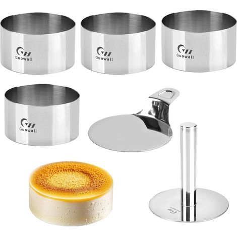 Cercle à Patisserie en Acier Inoxydable, Anneaux de pâtisserie 4 Ronds avec 1 poussoir et 1 spatule, 10 cm Diamètre, 5,5 cm Haut, Moule Cercle pour Dessert Gâteau,Parent,-
