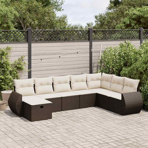 Ensemble Canapé Jardin 8 Pièces Marron en Résine Tressée avec Coussins Crème et Rangement Modulable (1/4)