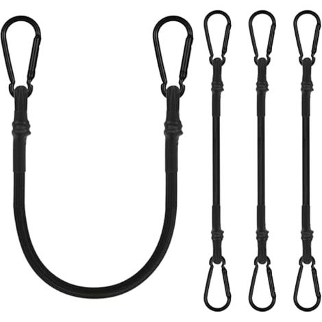Cordons élastiques avec mousquetons, lot de 4, 60 cm/24 pouces, noirs, extra résistants, avec crochets, mousquetons amovibles robustes, pour camping, tente, jardin, auvent, bâches, vélo, voiture. (1/5)