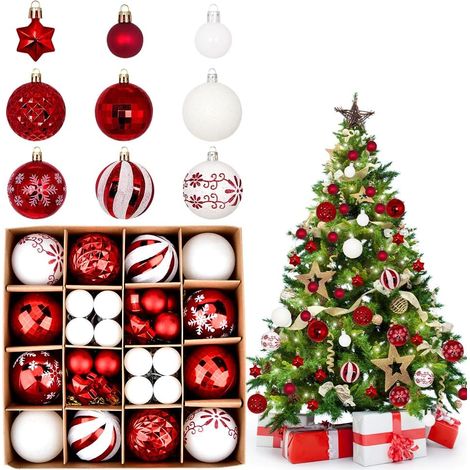 44 Stück rote Weihnachtskugeln aus Kunststoff mit Haken, bruchsichere rote und weiße Kugeln, Christbaumschmuck, funkelnder Weihnachtsschmuck für drinnen und draußen (1/5)