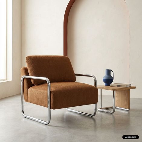 sweeek - Fauteuil vintage tissu chenille armature chromée camel - Joe (1/5)