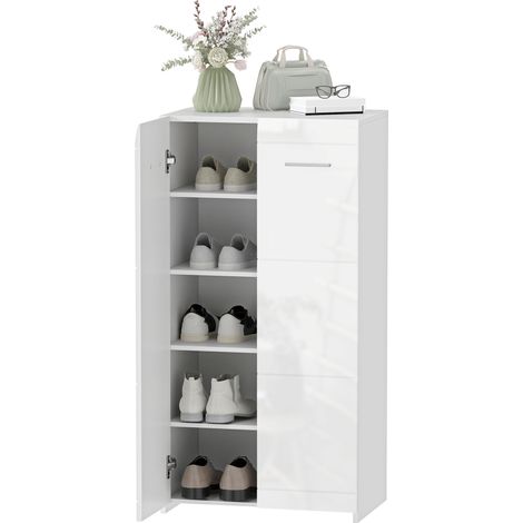 Hochglanzweißer Schuhschrank mit 5 verstellbaren Einlegeböden, 55 x 36 x 108 cm, bietet Platz für 10 Paar Schuhe
