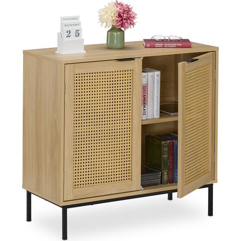 Relaxdays Sideboard, 2 Rattan-Türen, Metallbeine, HxBxT: 76x80x35 cm, Wohnzimmer, Flur, 2 Fächer, Kommode, natur/schwarz