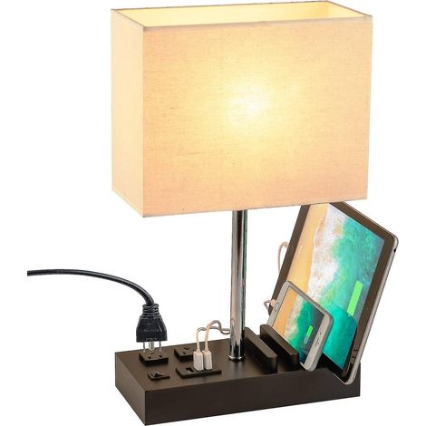 Lampe de bureau avec 3 ports de chargement USB, 2 prises secteur et 3 supports pour téléphone, lampe de table USB moderne avec éclairage noir (1/5)