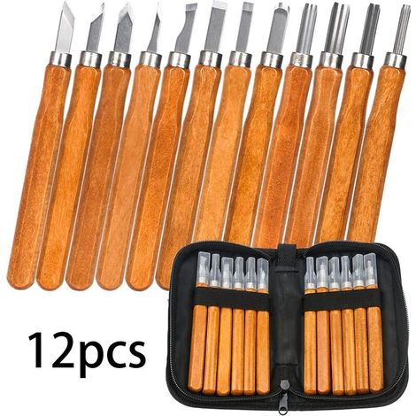 [JAMAIS UTILISÉ]Kit Sculpture Bois Outils, 12 PCS  Kit Sculpture Bois avec pierre à aiguiser et sac de rangement, Décapage Couteau Sculpture sur Bois, DIY Outil de Sculpture pour Charpentier, Amateur (1/4)