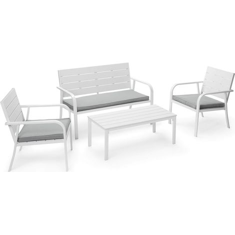 Set Salotto da Giardino Divano 2 Poltrone e Tavolino in Acciaio Bianco