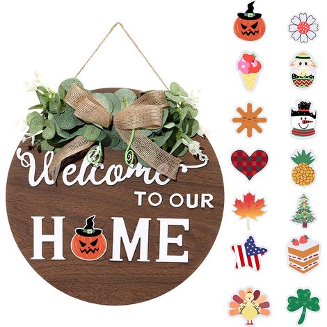 Échange de printemps, automne, été et hiver signe de bienvenue porte d'entrée guirlande, guirlande en bois rustique maison de famille vacances quatre saisons Halloween Noël (1/5)