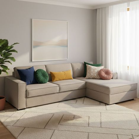 Dmora - Sofa cama Daahje, Sofá de esquina, 100% Made in Italy, Sofá con apertura giratoria, Península contenedor derecha, con reposabrazos estándar, Cm 280x95h90, Tórtola (1/5)