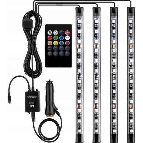 12V LED éclairage intérieur de voiture avec 4 pièces 48 RGB, 3 m de bandes LED multicolores de voiture, bande lumineuse contrôlable avec télécommande, éclairage étanche pour allume-cigare- (1/5)