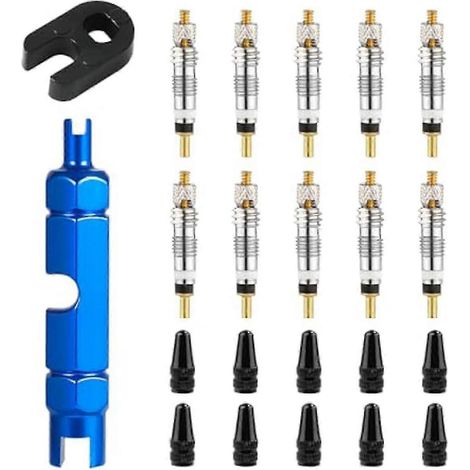 10 obus de valve de rechange pour Presta avec 2 outils de démontage et 10 capuchons de valve pour vélos (1/5)