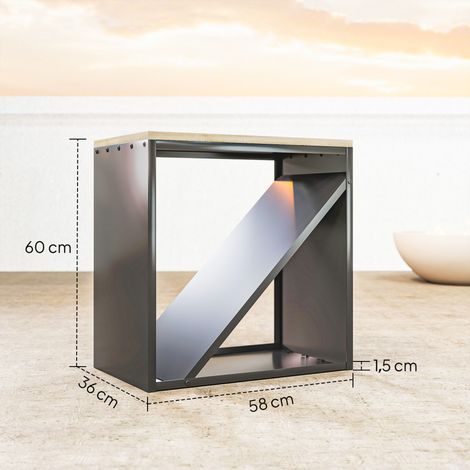 Range-bûches d'intérieur 2 en 1, 58 x 36 x 60 cm, surélevé, avec séparateur, en métal noir. (1/5)
