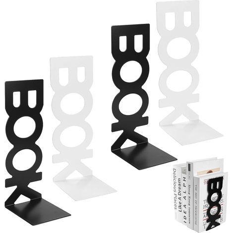 2 Paires/4 Pcs Serre Livres, Cale Livre Bibliotheque Decoratif, Serre-Livres pour etagere, Serre Livre Original Lettres, Supports Bookends Blancs et Noirs pour etageres, Bureau, bibliotheque (1/5)