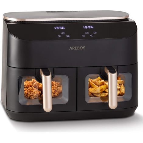 AREBOS Doppel-Heißluftfritteuse 10 L, 2× 5 L, 2450 W, 8 Programme, SYNC & MATCH, Touchscreen, Sichtfenster, 40–200°C (1/5)