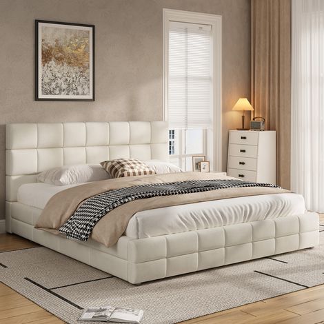 Lit plateforme capitonné moderne en velours beige 180x200 cm avec tête de lit rembourrée et sommier à lattes (1/5)