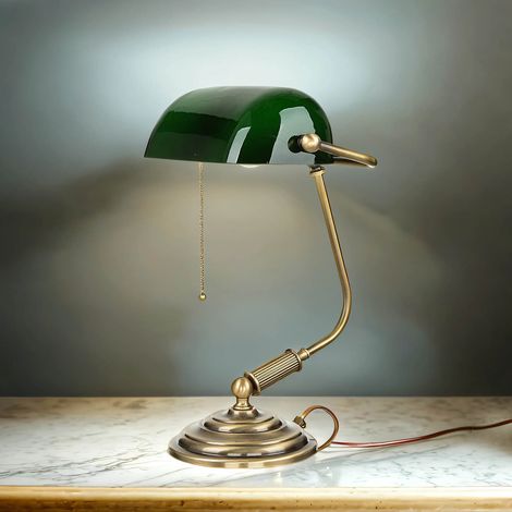 Bankerlampe Messing massiv Glas 37,5 cm Zugpendel E27 Schreibtischleuchte
