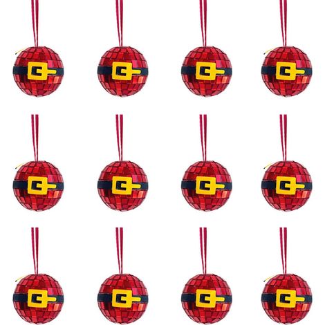 (12 pièces + 0,2 yuan) 12 boules de Noël rouges en verre miroir de 5 cm avec ceinture de Père Noël, décoration pour sapin de Noël (1/2)