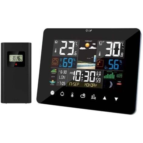 Station Météo avec Intérieure Extérieure Capteur sans Fil Station Météo de lever et coucher du soleil Réveil Thermomètre Hygromètre Opération d'écran tactile avec capteur extérieur sans fil (1/4)