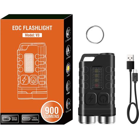 Mini Keychain LED Torch Super Bright 900 Lumens with Cap Clip Design IP65 Waterproof Keychain Torch USB Rechargeable Flashlight with 12 Modes for Camping Tail Magnet (1/5)