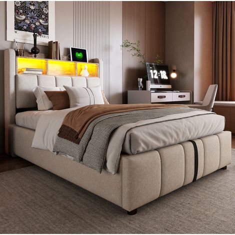 Litera 90/200 cm con LED, USB-C y almacenaje, beige (1/5)