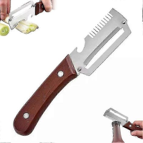 Outil de cuisine 3 en 1 : coupe-oignons, éplucheur, ouvre-bouteille et coupe-café en acier inoxydable (19 cm). (1/5)