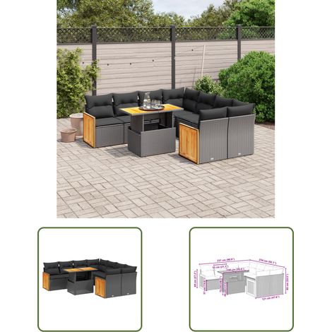 The Living Store Salon de jardin 9 pcs avec coussins noir résine tressée - Ensemble Salon De Jardin - Mobilier De Jardin - Table Extensible - Chaise Lounge - Fauteuil Extérieur (1/3)