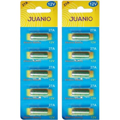 Lot de 10 Piles Alcaline 12V type 27A compatibles A27/A27BP/A27S/AG27/GP27/GP27A/L828/MN27/R27A- Juanio -